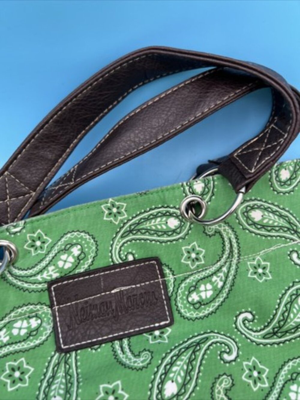 NEIMAN MARCUS GREEN PURSE Paisley Swirl Design Print Large Tote Bag W Handles - Picture 5 of 9